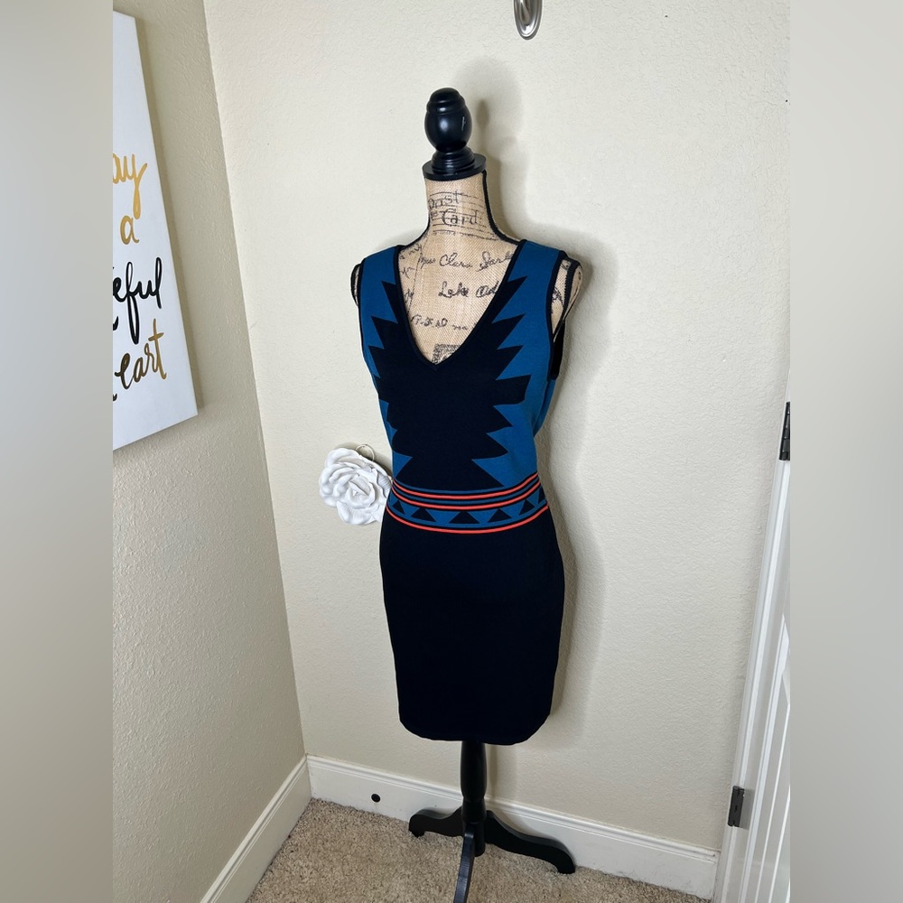 NTM Romeo & Juliet Couture Aztec Bodycon Dress Blue Black Bandage Mini Size L - Picture 8 of 14